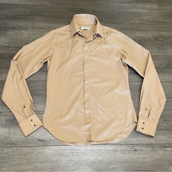 Mugler Mens Button Down Shirt Snap Buttons Long Sleeve Designer Sz 15 1/2 39 Tan